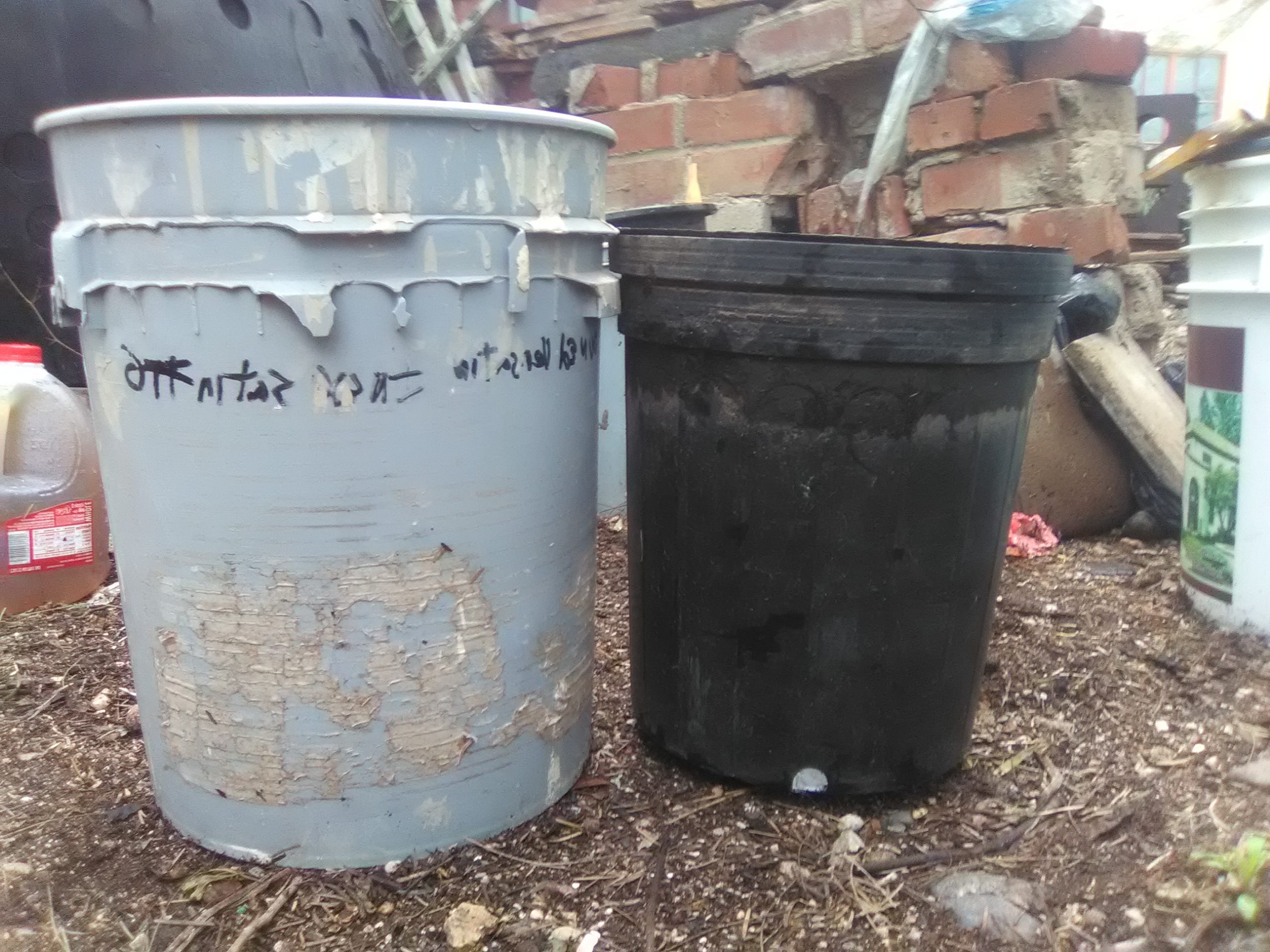 Left: 5 gallon bucket. Right: black planter “soaker”